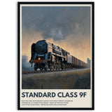 Vintage-style poster of a steam locomotive with text about Standard Class 9Fin wooden frame