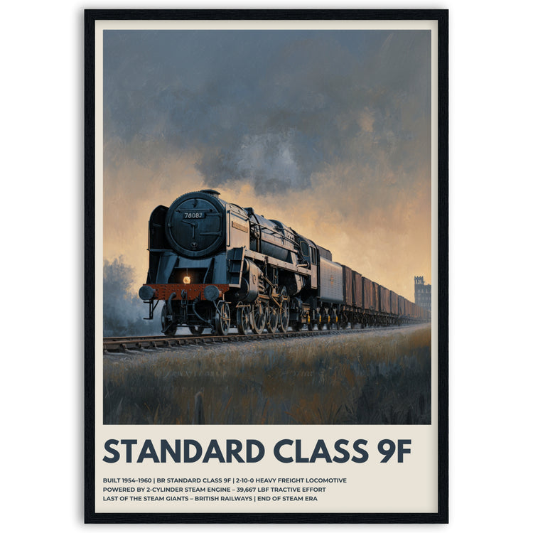 Vintage-style poster of a steam locomotive with text about Standard Class 9Fin wooden frame