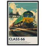 Poster of a Class 66 locomotive on railway tracks with industrial background In wooden frame