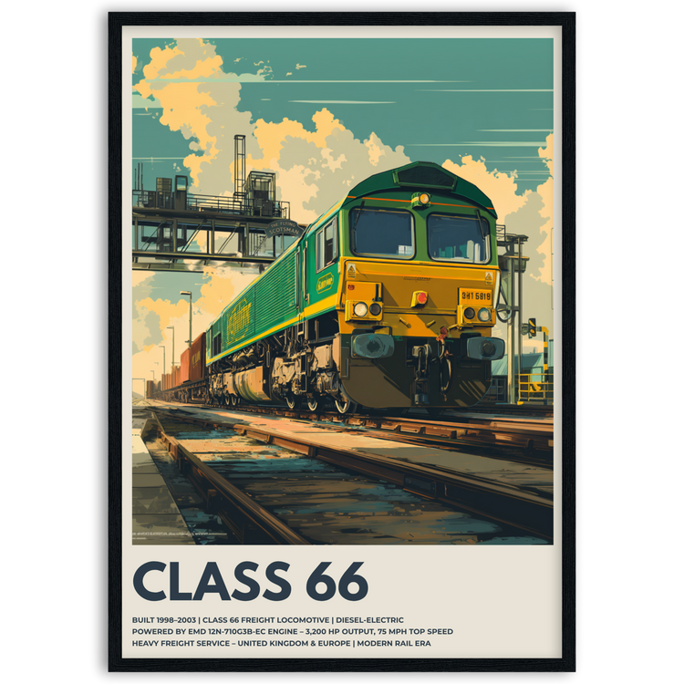 Poster of a Class 66 locomotive on railway tracks with industrial background In wooden frame