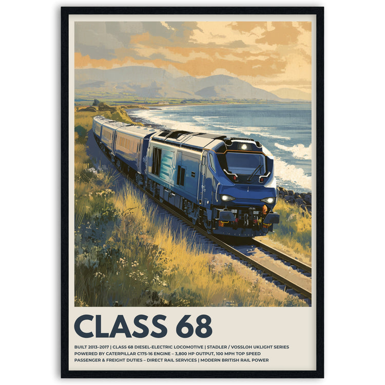 Poster of a class 68 train with a scenic background in black wood frame