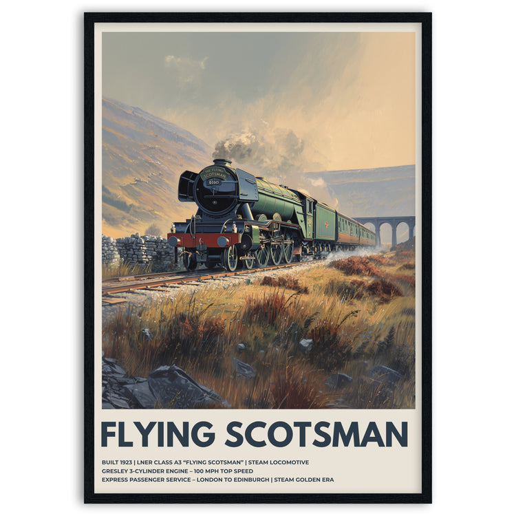Poster of a steam train labeled 'Flying Scotsman' with a scenic background in black wood frame