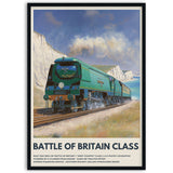 Vintage-style poster of a green train with coastal scenery, labeled 'Battle of Britain Class' in frame