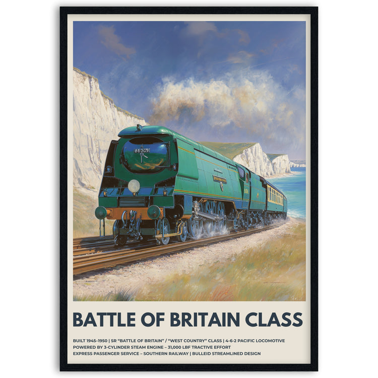 Vintage-style poster of a green train with coastal scenery, labeled 'Battle of Britain Class' in frame