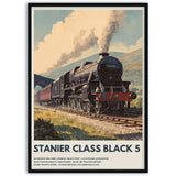 Poster of a steam train black 5 with a scenic background in black wood frame