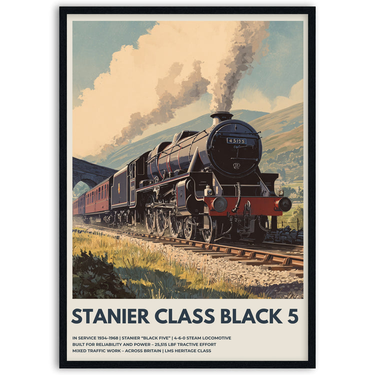 Poster of a steam train black 5 with a scenic background in black wood frame