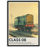 Poster of a class 08 shunter diesel with a scenic background in black wood frame