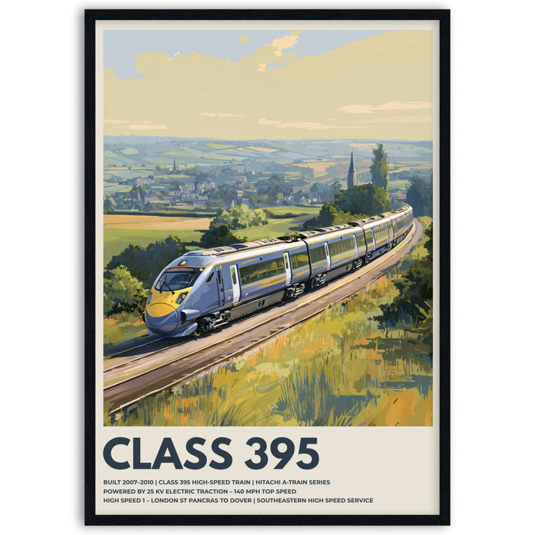 Poster of a Class 395 high-speed train on a scenic railway track in black frame