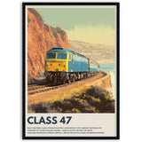Poster of a train labeled 'Class 47' on a scenic railway track with cliffs and sea in the background in wooden frame