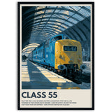 Poster of a blue and yellow train labeled 'Class 55' in a station setting in wooden frame