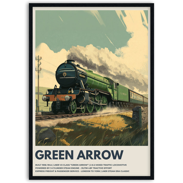 Vintage-style poster of a green steam locomotive named 'Green Arrow' on tracks with mountains in the background framed