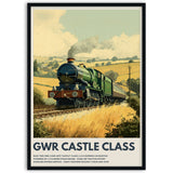 Vintage-style poster of a GWR Castle Class steam locomotive on a railway track with fields and sky in the background framed