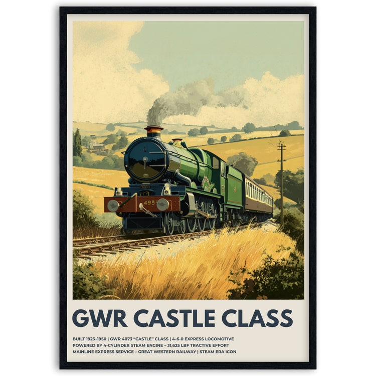 Vintage-style poster of a GWR Castle Class steam locomotive on a railway track with fields and sky in the background framed