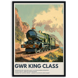 Vintage-style poster of a GWR King Class steam locomotive on tracks with mountains in the background framed