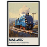 Poster of a blue steam locomotive named 'Mallard' on tracks with a scenic background in frame