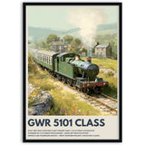 Poster of a prairie steam train labeled with a scenic background in black wood  frame