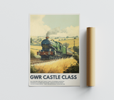 Poster of a GWR Castle Class steam train on a scenic railway landscape.