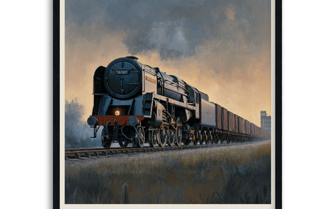 Vintage-style poster of a steam locomotive with text about Standard Class 9Fin wooden frame