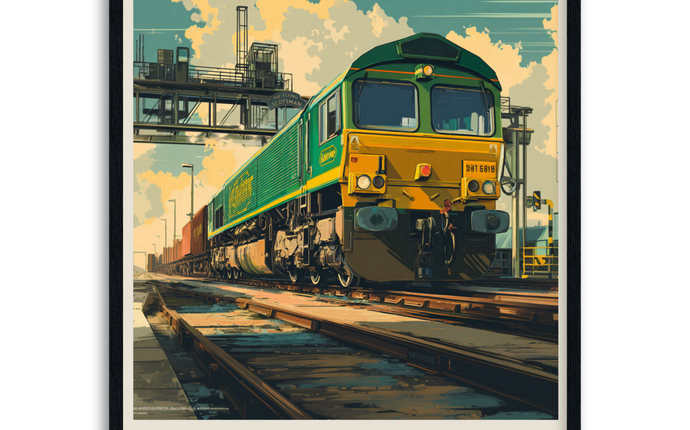 Poster of a Class 66 locomotive on railway tracks with industrial background In wooden frame