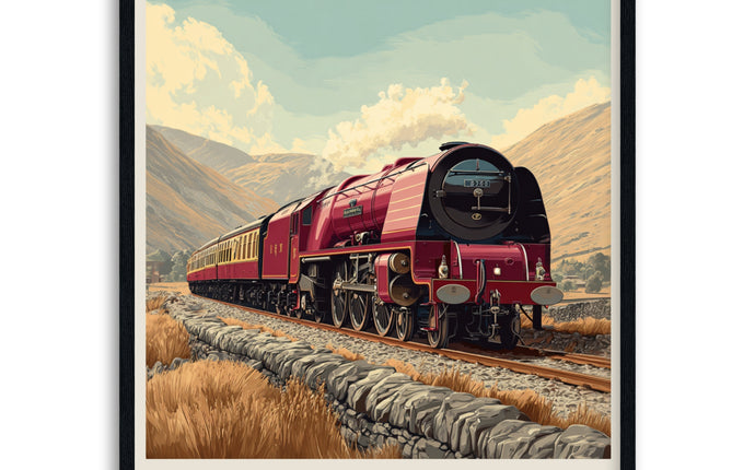 Poster of a red LMS Coronation Class steam train on tracks with mountains in the background framed