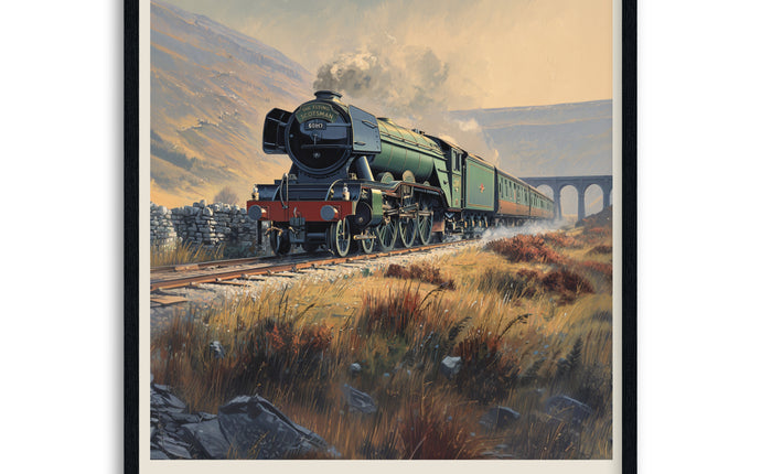 Poster of a steam train labeled 'Flying Scotsman' with a scenic background in black wood frame