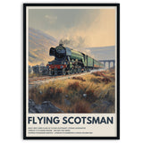 Poster of a steam train labeled 'Flying Scotsman' with a scenic background in black wood frame