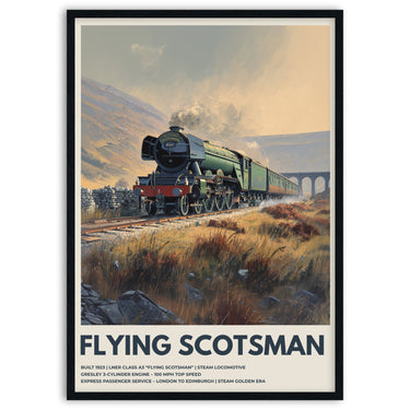 Poster of a steam train labeled 'Flying Scotsman' with a scenic background in black wood frame