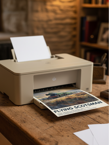 Beige printer on a wooden surface with a 'Flying Scotsman' poster being printed.