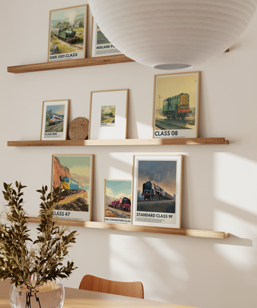 Wooden shelves with framed pictures of trains on a wall, with a plant in the foreground.
