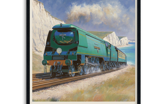 Vintage-style poster of a green train with coastal scenery, labeled 'Battle of Britain Class' in frame