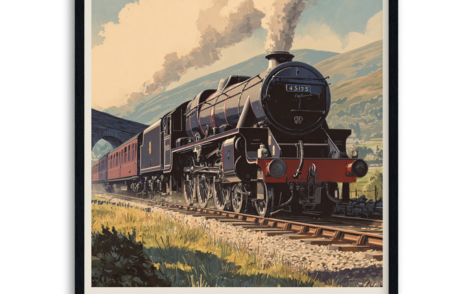 Poster of a steam train black 5 with a scenic background in black wood frame