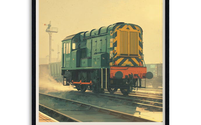 Poster of a class 08 shunter diesel with a scenic background in black wood frame