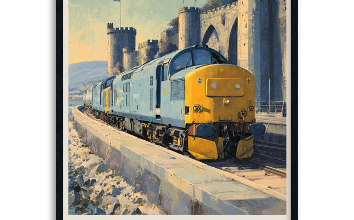 Poster of a class 37 with a scenic background in black wood frame