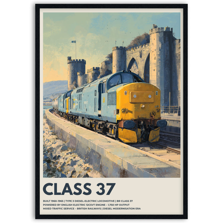 Poster of a class 37 with a scenic background in black wood frame