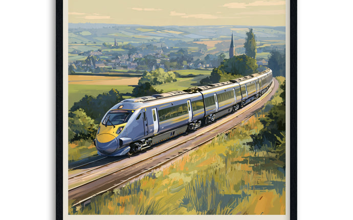 Poster of a Class 395 high-speed train on a scenic railway track in black frame
