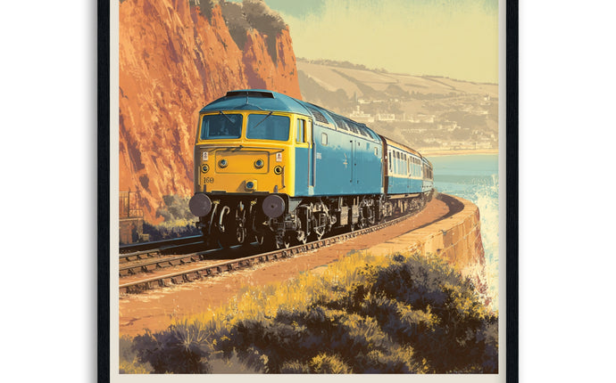 Poster of a train labeled 'Class 47' on a scenic railway track with cliffs and sea in the background in wooden frame