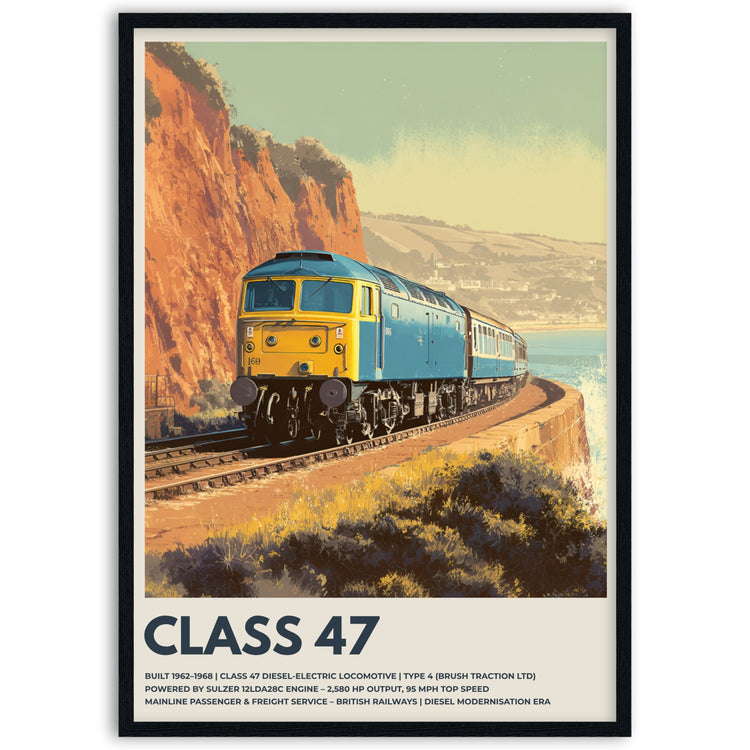Poster of a train labeled 'Class 47' on a scenic railway track with cliffs and sea in the background in wooden frame