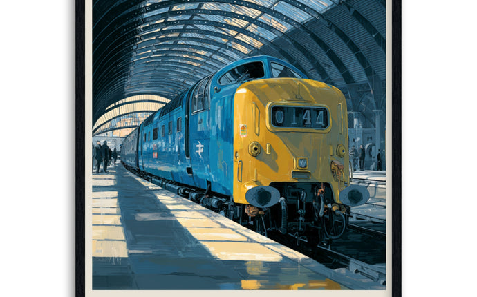Poster of a blue and yellow train labeled 'Class 55' in a station setting in wooden frame