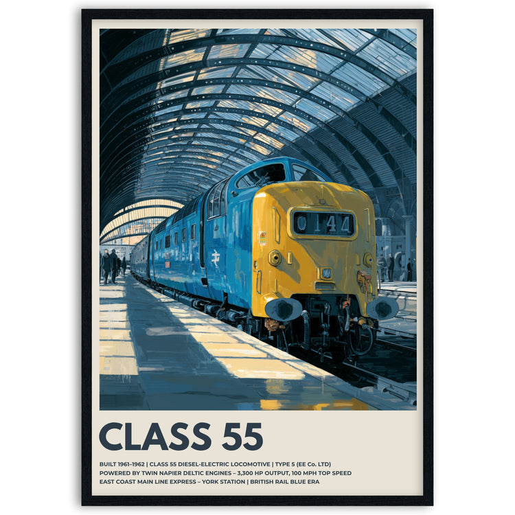 Poster of a blue and yellow train labeled 'Class 55' in a station setting in wooden frame