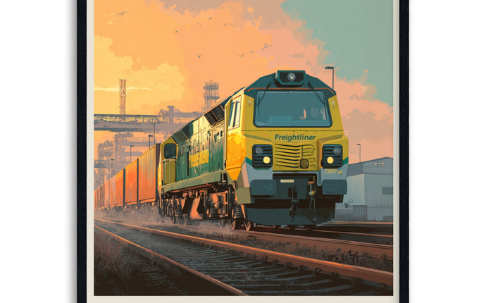 Poster of a train labeled 'Class 70' with a colorful background in wood frame