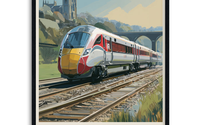 Poster of a class 800 high-speed train with scenic background in black frame