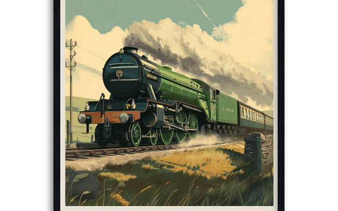 Vintage-style poster of a green steam locomotive named 'Green Arrow' on tracks with mountains in the background framed