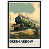 Vintage-style poster of a green steam locomotive named 'Green Arrow' on tracks with mountains in the background framed