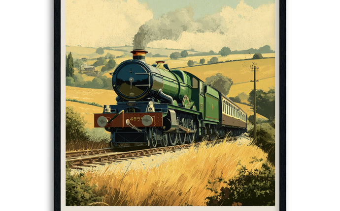Vintage-style poster of a GWR Castle Class steam locomotive on a railway track with fields and sky in the background framed