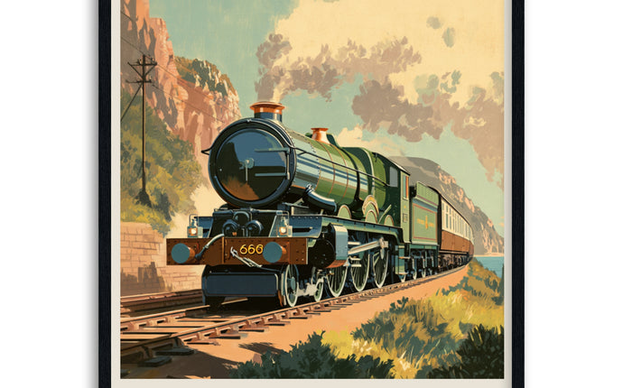 Vintage-style poster of a GWR King Class steam locomotive on tracks with mountains in the background framed