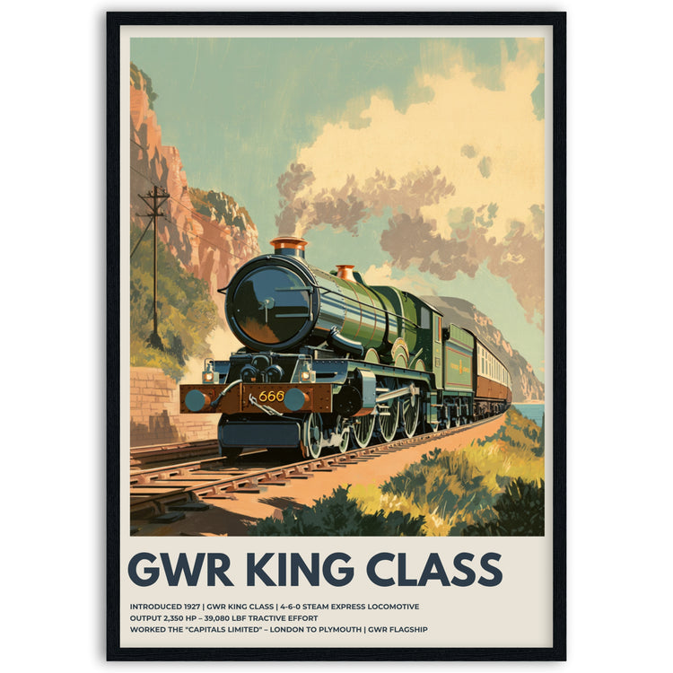 Vintage-style poster of a GWR King Class steam locomotive on tracks with mountains in the background framed