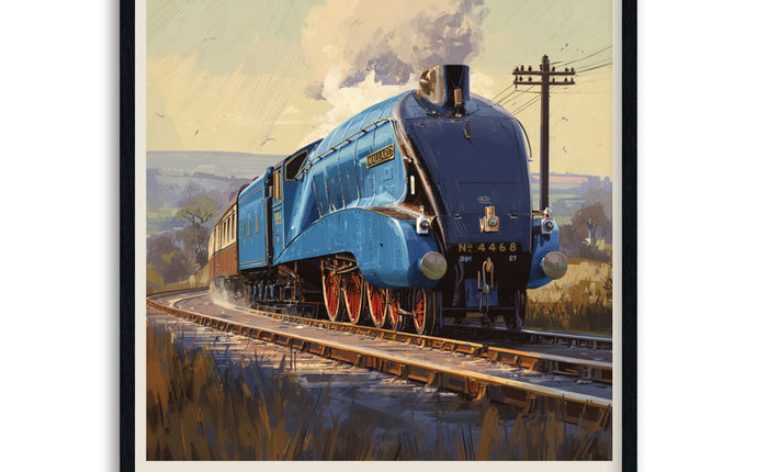 Poster of a blue steam locomotive named 'Mallard' on tracks with a scenic background in frame