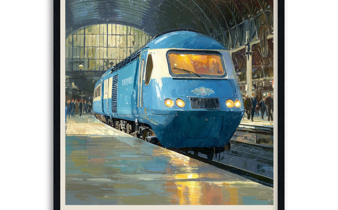 Poster of a blue train labeled 'Midland Pullman HST' at a station in a black frame