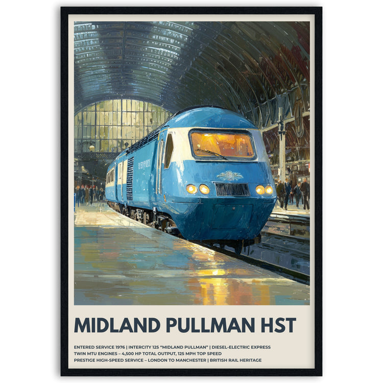 Poster of a blue train labeled 'Midland Pullman HST' at a station in a black frame