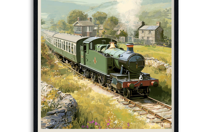 Poster of a prairie steam train labeled with a scenic background in black wood  frame